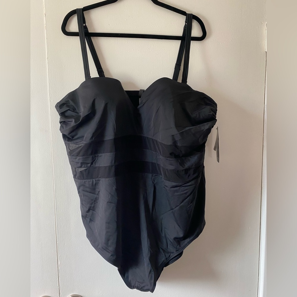 NWT Black One Piece Double Mesh Wired Bra Swimsuit